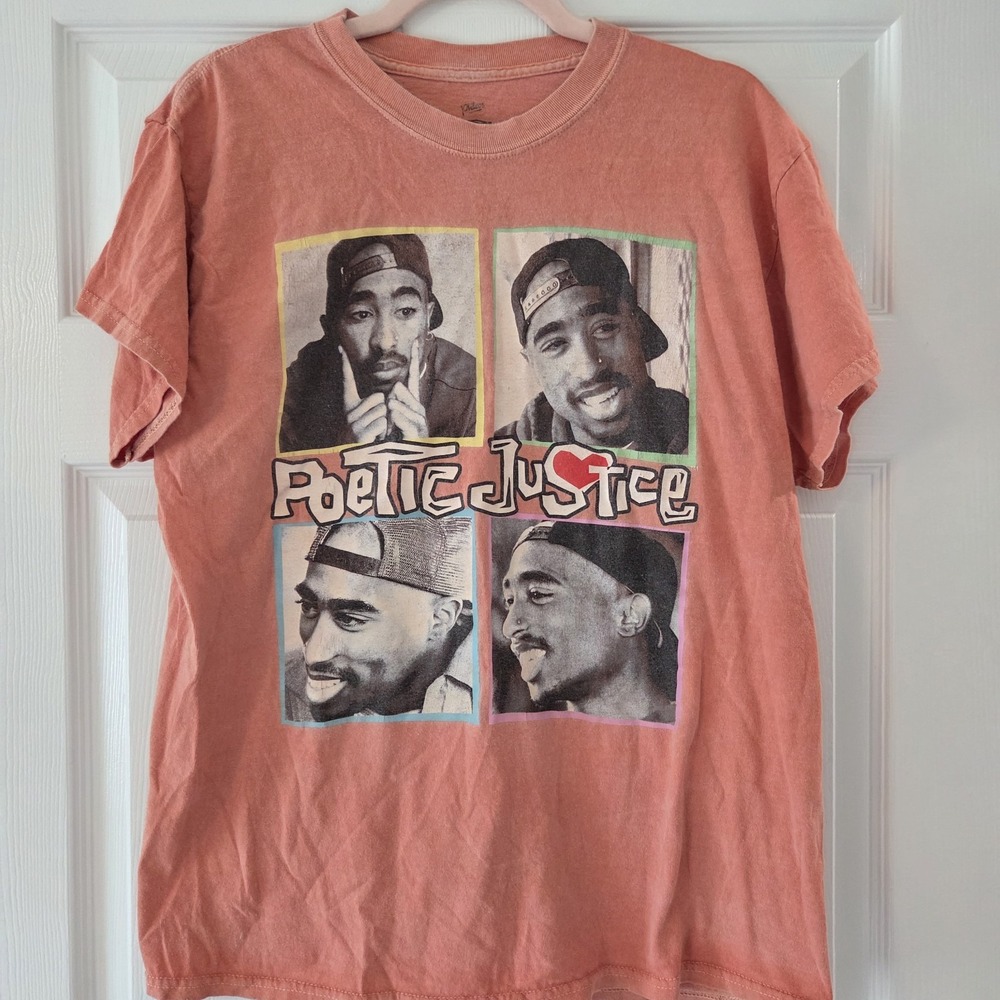 Poetic Justice Tupac Graphic T-Shirt Peach Garment Dyed 2Pac Movie Tee Size S/M